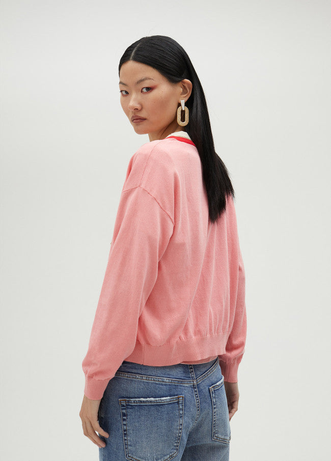 Contrast Trim Cardigan - Pink & Red