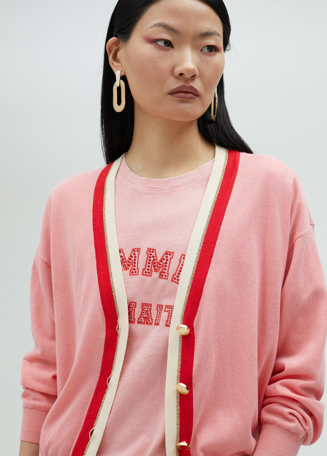 Contrast Trim Cardigan - Pink & Red