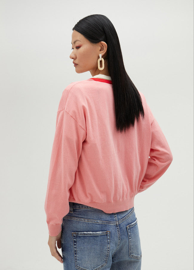 Contrast Trim Cardigan - Pink & Red
