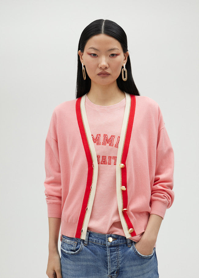 Contrast Trim Cardigan - Pink & Red