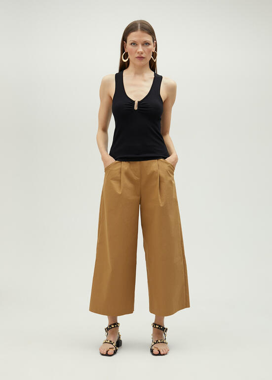 Poplin Wide Leg Trousers - Camel